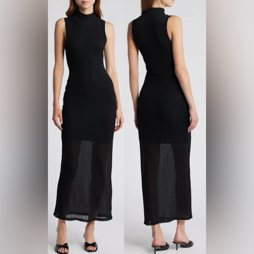 New FRAME Mesh Mock Neck Semi-Sheer Sleeveless Maxi Dress in Black Sz XS